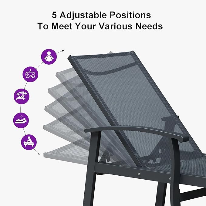 PURPLE LEAF Chaise Lounge Chair Outdoor 2 Pieces Pool Lounge Chairs 5 Adjustable Position with Armrests and Side Table, Aluminum Patio Lounge Chair for Outside, Backyard, Pool, Grey