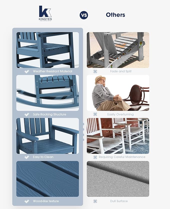 KINGYES Oversized Outdoor Rocking Chair with Cushion, All-Weather Patio Rocking Chairs, HDPE Porch Rocker for Adults, 350 lbs Capacity, Blue Chair with Grey Cushion