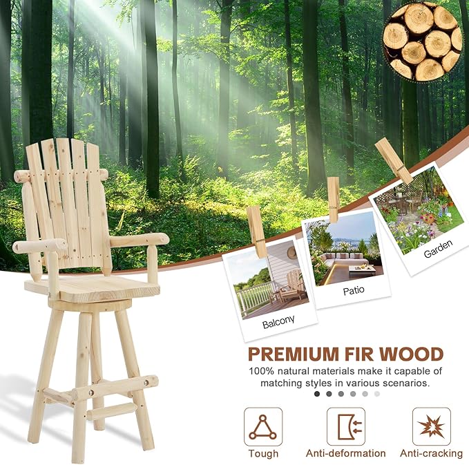 HOMEDIARY Solid Wood Swivel Adirondack Bar Chairs Set of 2, Outdoor Bar Height Barstools Chairs Set with High Back and Footrest, 29.9" High Top Chair for Deck Pub, 500 LBS Capacity, Natural