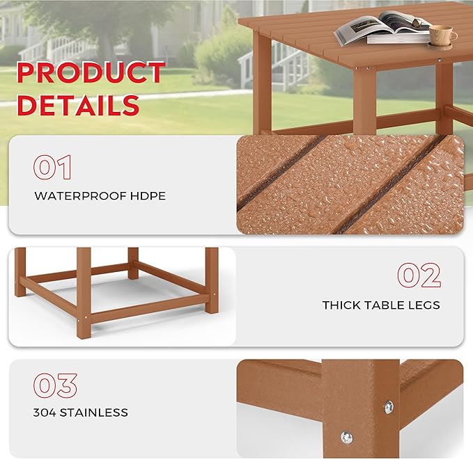 Costaelm Patio Conversation Table, Tatio Accent HDPE Outdoor Weather Resistant, Square Outdoor Porch Balcony Patio Drink Table for Outside, Pool, Backyard, Teak