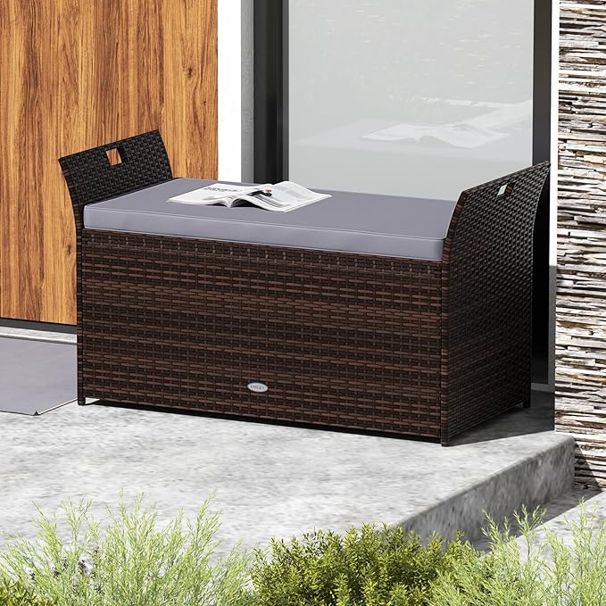 Tangkula 68 Gallon Outdoor Wicker Storage Bench, Patio Storage Box with Hand-Woven PE Rattan, Cushion & Side Handles, Outdoor Deck Box for Poolside, Backyard, Garden (Gray)