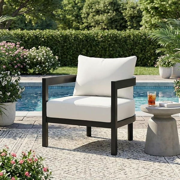 Merax 27.6" Outdoor Curved Patio Accent Chair with All-Weather Coushions, Aluminum Frame Single Lounge for Chair Porch - Photo 1
