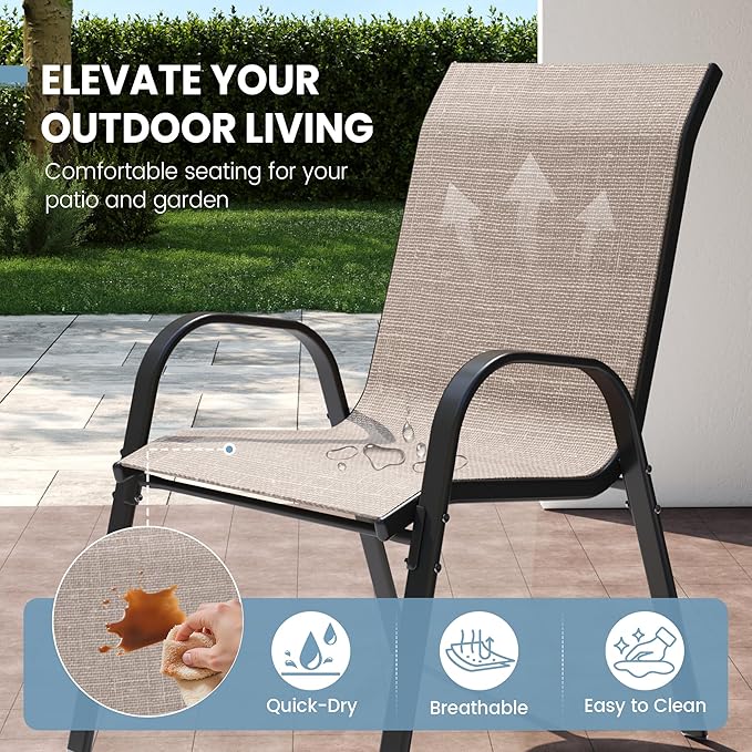 Patio Dining Chairs Set of 8, Outdoor High Stacking Chairs,Breathable Seat Fabric and Alloy Steel Frame for Backyard, Porch, Garden, Sunroom (Light Brown)