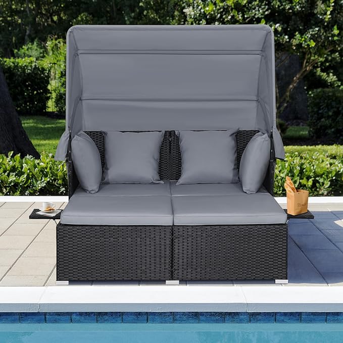 RELAX4LIFE Patio Outdoor Daybed with Canopy, Wicker Sunbed w/Cushions, 4 Pillows & 2 Retractable Side Trays, 2-Person Lounge Bed Conversation for Poolside Porch Garden, Rattan Outdoor Bed (Grey)