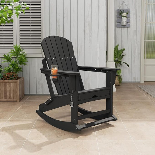 Rocking Adirondack Chairs, Folding Adirondack Rocking Chair With Footrest, Adirondack RockingChair Outdoor With Retractable Ottoman and Cup Holder