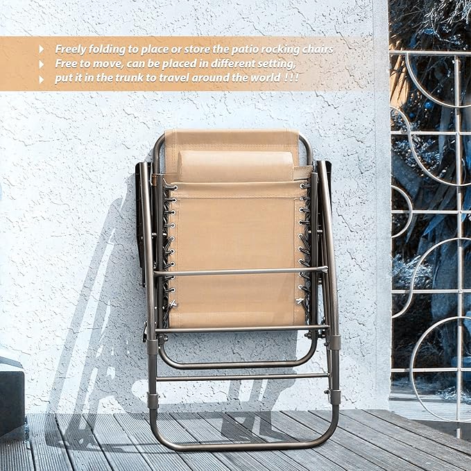 Devoko Patio Rocking Zero Gravity Chair Outdoor Wide Recliner Chair for Lawn Beach Camping Poolside with Headrest Pillow (Beige)