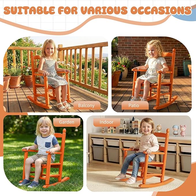 Outvita Kids Rocking Chair, Ergonomic Sturdy Toddler Rocking Chair with High Backrest & Rounded Armrests, Safe Solid Wood Baby Rocker Chair for Age 3-6, Outdoor, Living Room, Reading Room(Orange)