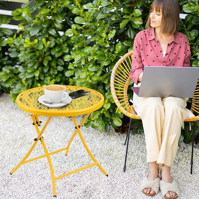 TeoKJ Folding Outdoor Side Tables, Anti Rust Small Patio Table Round Metal Nightstand with Flower Cutouts for Porch Yard Balcony Deck Lawn, Yellow