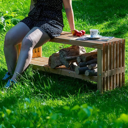 dobar® Green Label Freja 29109FSCe Garden Bench with Firewood Compartment Modern Bench with Storage Space Robust Douglas Fir Wood with Protective Glaze Solid Wooden Bench 115 x 30 x 45 cm Natural