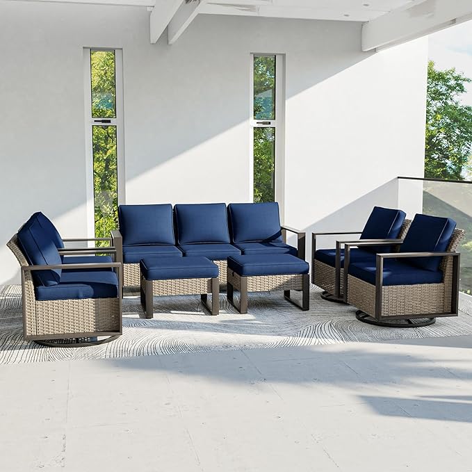 Outdoor Patio Furniture Set, 7 Piece Wicker Patio Conversation with Deep Seating, Thicken Cushions, Outdoor Swivel Rocker Patio Chairs, Metal Outdoor Furniture for Deck, Porch, Yard Use