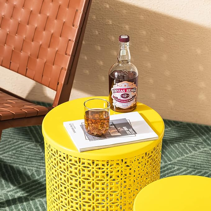 Glitzhome Outdoor Side Table Set of 2, Decorative Garden Stool for Patio Heavy Duty Metal Frame Accent Table Modern End Table, Glossy Yellow