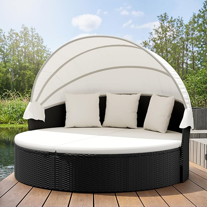 Homall Patio Outdoor Daybed with Retractable Canopy, Rattan Wicker Sectional Seating with Washable Cushions for Patio Backyard Porch Round Daybed Separated Seating (Beige)