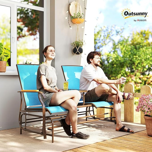 Outsunny 2 Person Outdoor Glider Bench, Patio Swing Glider Chair Loveseat with Breathable Mesh, Table, Steel Frame for Garden, Backyard, Porch, Blue