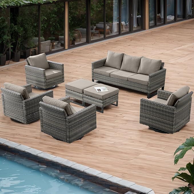 Rilyson Wicker Outdoor Patio Furniture Set - 7 Piece Patio Conversation Set with 4 Swivel Rocker Chairs,2 Rattan Ottoman and 1 Couch for Outside Porch Deck Backyard(Mixed Grey/Grey)