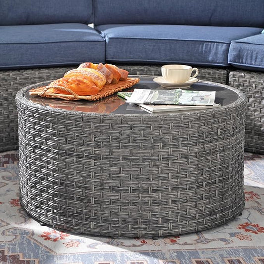 SUNSITT Round Outdoor Coffee Table with Tempered Glass Top, Rattan PE Resin Wicker Patio Side Table, Grey