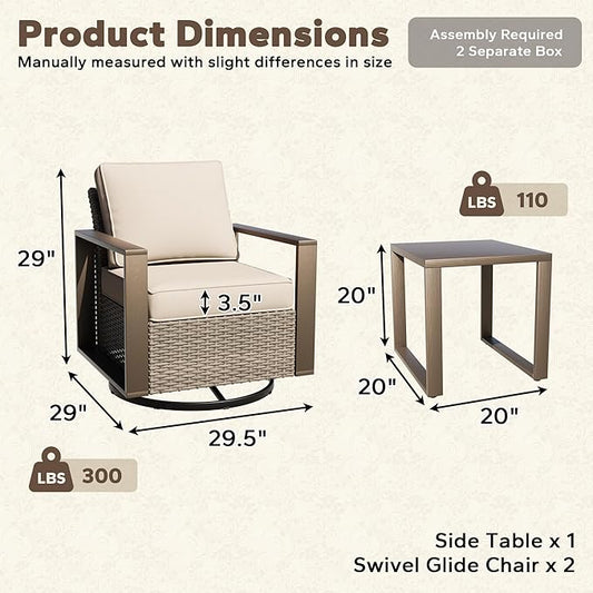 Outdoor Swivel Rocker Metal Chairs Set of 2 with Small Coffee Table - 3 Pieces Patio Bistro Set with Rectangular Framed Wood-Looking Metal Armrest, 360 Degree Glider Chairs, Beige