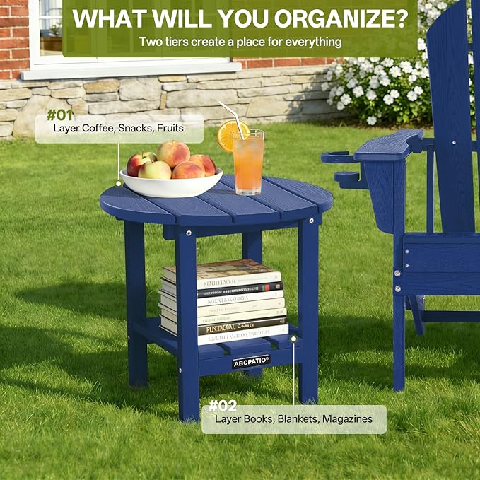 Outdoor Side Table Round - Patio Side Tables - HDPE Small Outdoor End Table for Backyard Pool Porch Balcony - Double Layer Storage - Navy (Wood Grain Finish)