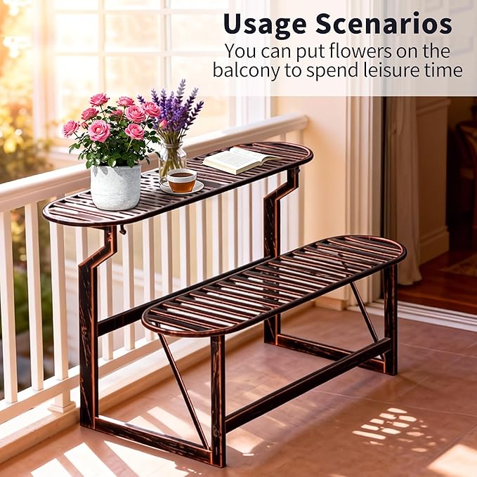 Convertible Bench, 2 in 1 Carbon Steel Picnic Table, Transforming Interchangeable Outdoor Table with Umbrella Hole, for Outside Patio Porch Backyard Park Garden 1 Pack Retro Brown Bench