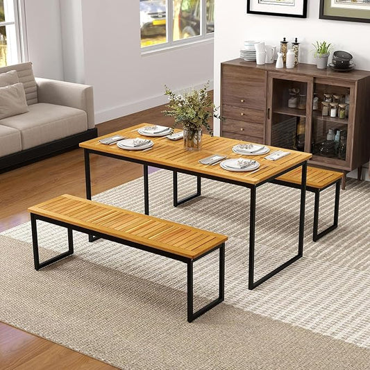 HAPPYGRILL Acacia Wood Patio Dining Bench with U-Shaped Metal Legs, Adjustable Foot Pads, 800 LBS Bistro Bench for Dining Room, Garden, Poolside