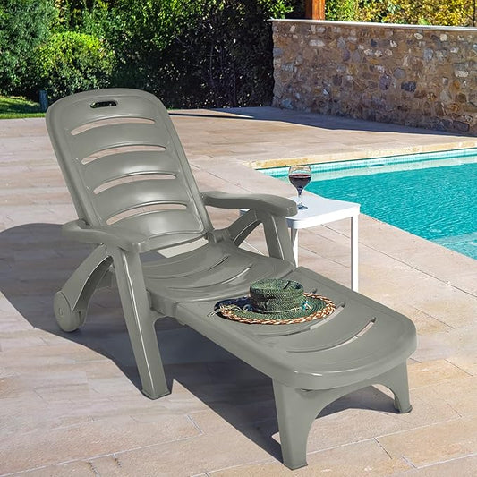 Tangkula Outdoor Chaise Lounge Chair, Adjustable 5-Position Recliner Chair with Built-in Wheels, Weather-Resistance Folding Lounge for Patio, Backyard, Poolside and Beach (1, Grey)