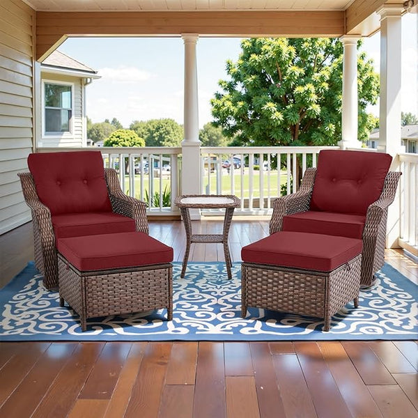 Belord 5 Piece Wicker Patio Furniture Set with Ottoman - High Back Outdoor Swivel Rocker Glider Chairs with Glass Top - Photo 1