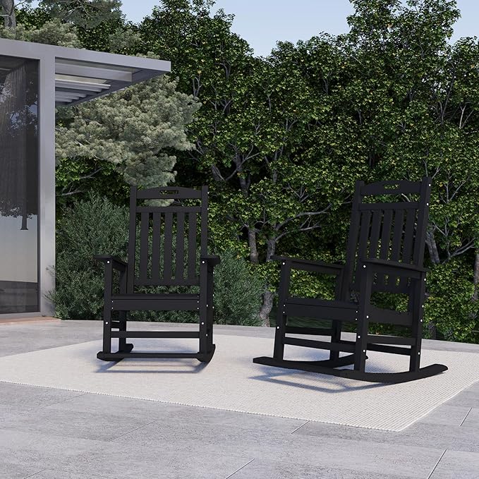 PLUUV Outdoor Rocking Chair, HDPE Patio Rocking Chairs with Footboard, All Weather Porch Rockers Outdoor for Adult, Effortless Installation, Black