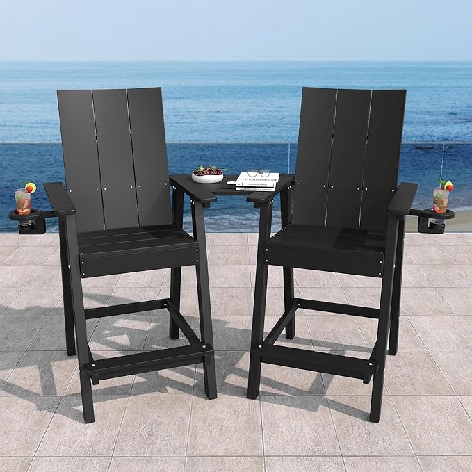 Tall Adirondack Chair Set of 2, HDPE Balcony Chairs with Connecting Tray, Two Cup Holders, All-Weather Adirondack Bar Stools for Patio, Balcony, Backyard, Poolside, Black
