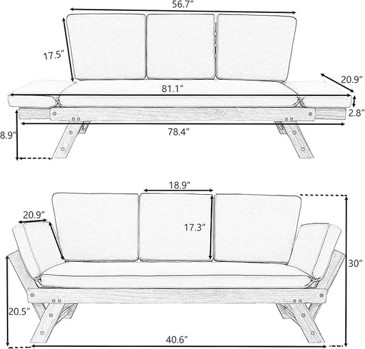 Merax Patio Sofa, Outdoor Adjustable Wooden Daybed, Chaise Lounge with Cushions, Brown+Gray