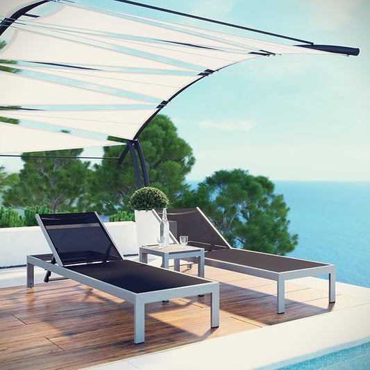 Modway Shore Aluminum Textilene® Mesh Outdoor Patio 3-Piece Poolside Chaise Lounge Chair and Side End Table Set in Silver Black