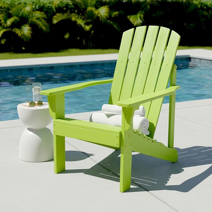 Shine Company Mid-Century Modern Wooden Adirondack Chair, Outdoor Patio Firepit Chairs, Back & Seat Pre-Assembled, Lime Green