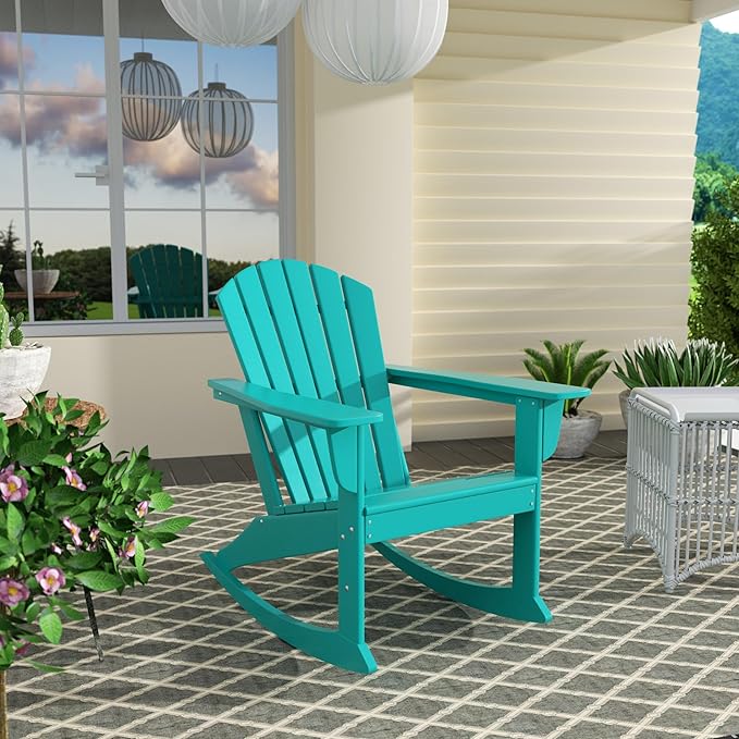 Costaelm Outdoor Adirondack Chair, All Weather Resistant Lawn Chairs Balcony Chair and Fire Pit Chairs, Deck Chairs Outdoor Porch Rocking Chair High Back HDPE Poly Lumber, Turquoise