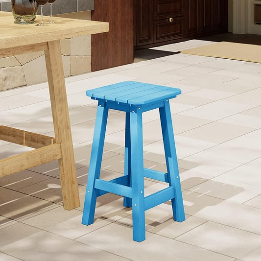 Costaelm 24" Height Outdoor Bar Stools, All-Weather Bar Stools, Adirondack Poly Patio Square Bar Stool for Patio, Deck, Kitchen Counter and Garden, Pacific Blue