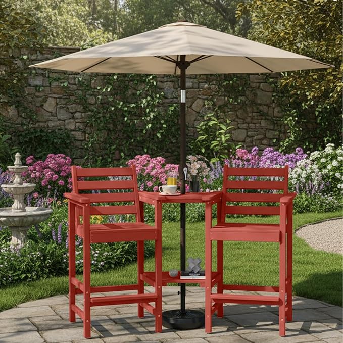 Tall Adirondack Chairs Set of 2, Bar Height HDPE Outdoor Chairs with Connecting Tray & Umbrella Hole, Balcony Patio Adirondack Chairs for Deck, Garden, Lawn (Terracotta)