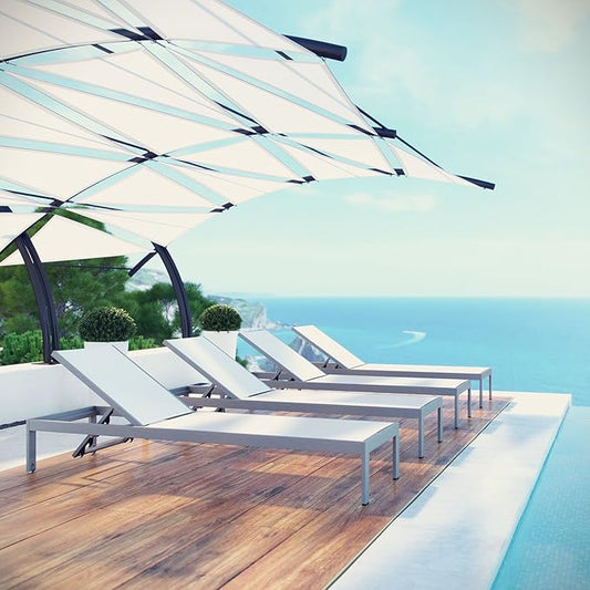 Modway Shore Aluminum Textilene® Mesh Outdoor Patio Four Poolside Chaise Lounge Chairs in Silver White