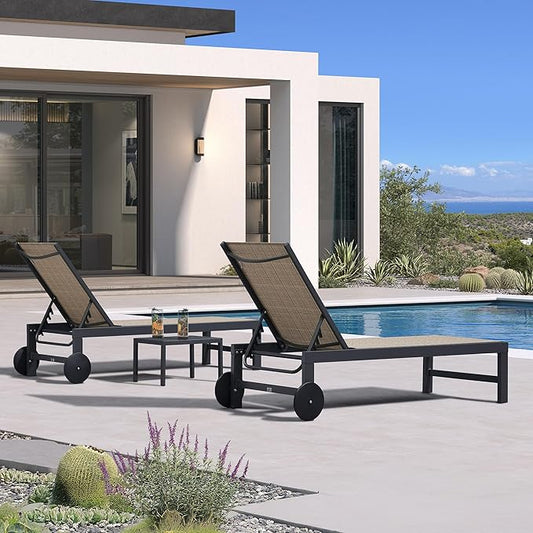 PURPLE LEAF Chaise Lounge Chair with Wheels for Outside 4 Pieces Aluminum Outdoor Lounge Chairs with 5 Adjustable Position Recliner for Patio Beach Yard Pool Side Table Included Camel