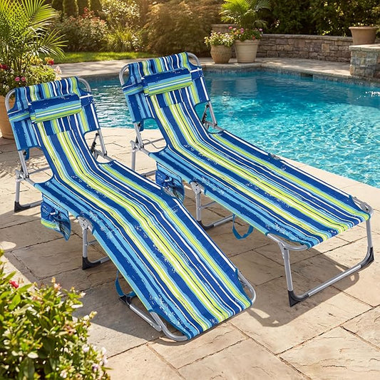 Giantex Face Down Tanning Chair, Folding Beach Lounge Chair w/ 4-Position Adjustable Backrest, Outdoor Sunbathing Lounge Chair w/Face Arm Hole & Storage Pocket for Patio Deck Poolside (2 Blue Stripe)
