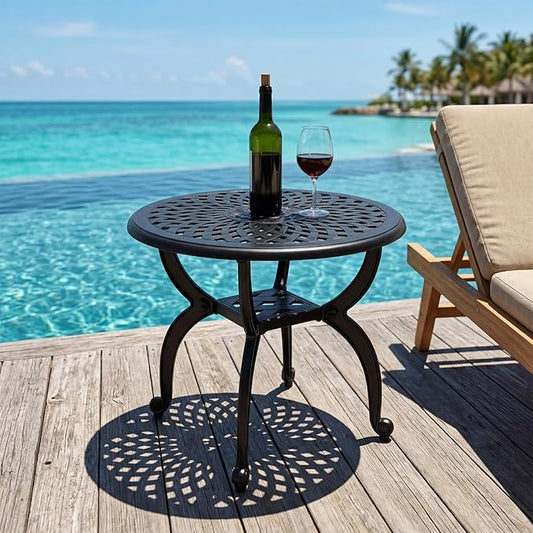 Cast Aluminum Outdoor Side Table, All Weather Round Small Coffee Table for Patio,Park,Lawn,Yard (21" Black)