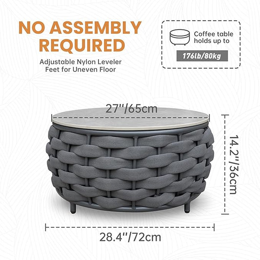 Short Round Patio Coffee Table: Hand Woven Rope Side Tables Assembled - Aluminum Outdoor Accent Table Modern - Metal Porch Furniture for 176lbs Deck Garden Balcony Hotel φ25.6''/65cm, Dark Gray
