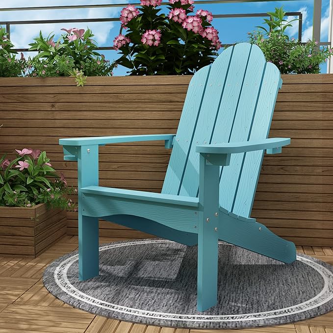 LUE BONA HDPS Adirondack Chairs Set of 4, Fire Pit Outdoor Chair Weather Resistant with Cup Holder, Modern Plastic Chair Plastic for Patio, Deck, Proch, 350LBS, Blue Turquoise
