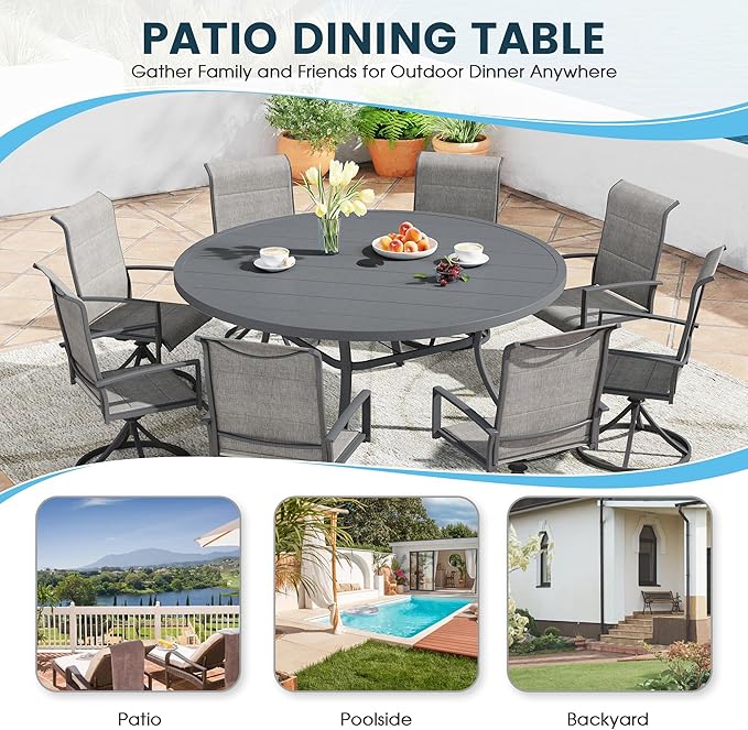 Patio Dining Table for 8-10, Round Metal Outdoor Table with 1.57" Umbrella Hole, 60" Outdoor Slat Tabletop Dining Table for Backyard, Porch, Lawn, Dark Grey