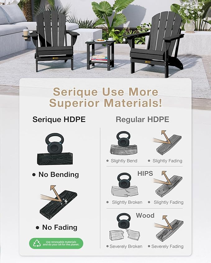 Folding Adirondack Chair, Patio Chair Wood Texture, Outdoor Chair Weather Resistant, Fire Pit Chair with Cup Holder, Composite Adirondack Chair Set of 4(Black)