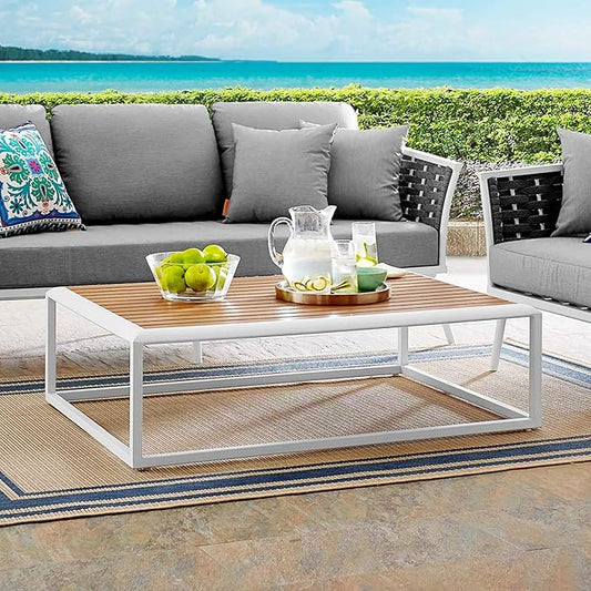 Modway Stance Outdoor Patio Contemporary Modern Wood Grain Aluminum Coffee Table In White Natural
