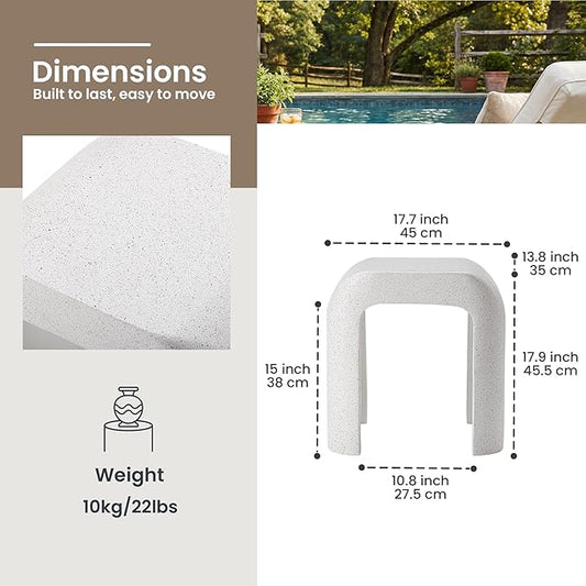 HOMPUS Outdoor Side Table w U-Shaped, Concrete Side Table Lightweight, Round Patio MgO Coffee End Table, Modern Accent Vintage Garden Stand for Indoor Outdoor Use, Spotted White