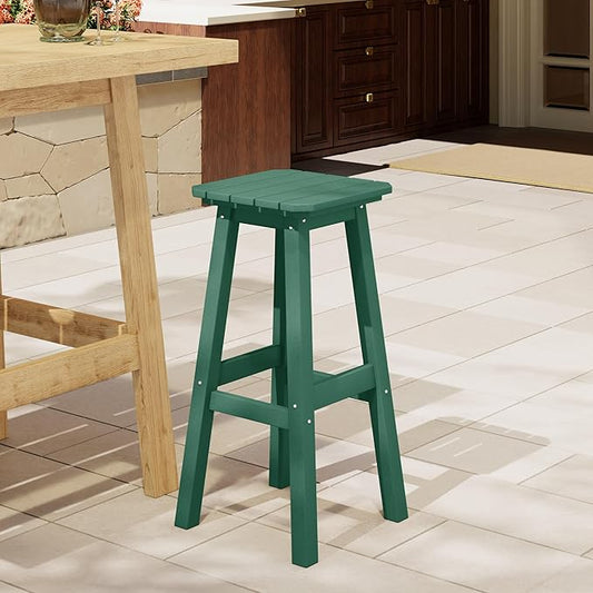 Costaelm 29" Height Outdoor Bar Stools, All-Weather Bar Stools, Adirondack Poly Patio Square Bar Stool for Patio, Deck, Kitchen Counter and Garden, Dark Green