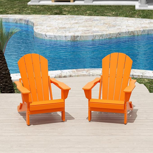 Costaelm Folding Patio Chairs Set of 2, Hdpe Adirondack Chairs Front Porch Furniture Outdoor Seating, All Weather Tanning Chair for Backyard Firepit Garden Lawn, Orange