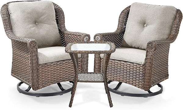 3 Piece Patio Swivel Chairs and Side Table Set - High Back Outdoor Brown Wicker Rattan Rocking Glider with Thick - Photo 1