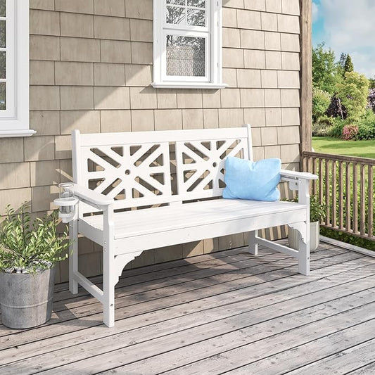 Oversized Outdoor Bench Set of 2, 51.5” HDPE Aesthetic Garden Bench with Cup Holders, Memorial Benches - Easy Assembly & All Weather, for Porch & Patio, 800lbs Load Capacity (White)