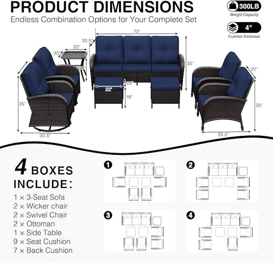 Joyside Wicker Patio Furniture Set, 8 Piece Outdoor Furniture Set with Thickened Cushions, High Back, Deep Seating, Wide Armrest, Outdoor Swivel Rocker Chairs for Porch, Deck