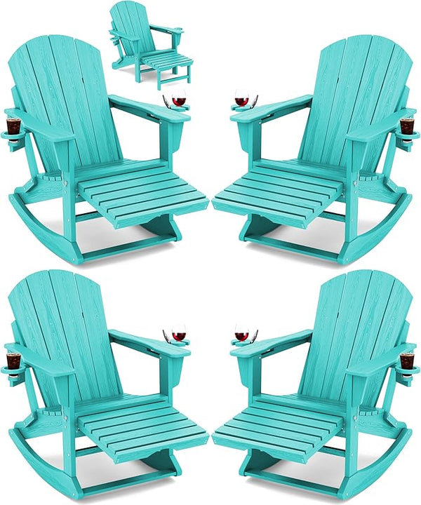 KINGYES Adirondack Rocking Chair Set of 4 with Retractable Ottoman and Cup Holders - Photo 1