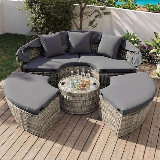 Tangkula Patio Round Daybed with Retractable Canopy, Outdoor Wicker Rattan Furniture Set, Sectional Cushioned Sofa Set with Height Adjustable Coffee Table, Rattan Conversation Set (Grey)